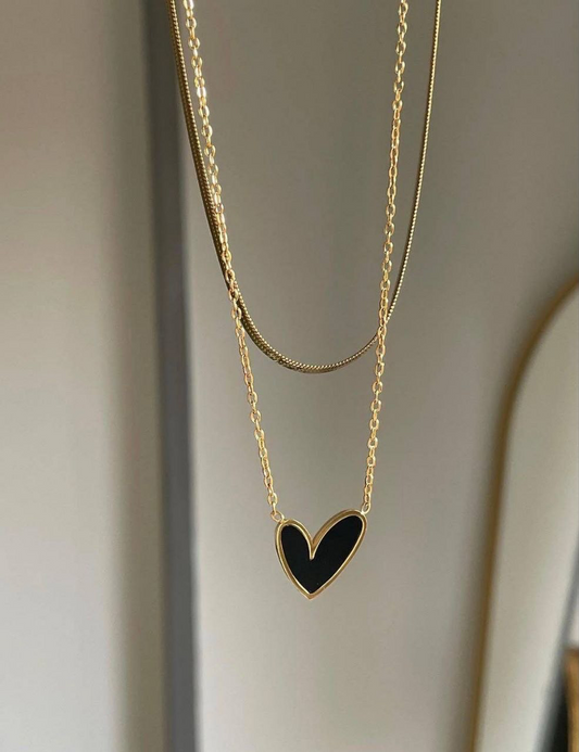 Double Chain Heart Necklace (Black)