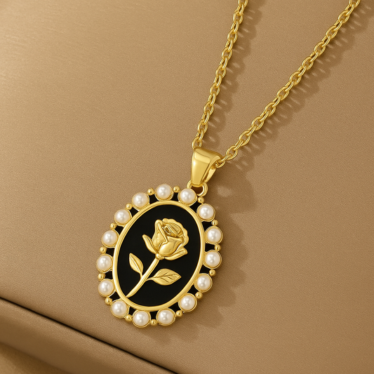 Bohemian Pearl Rose Flower Necklace (Black)