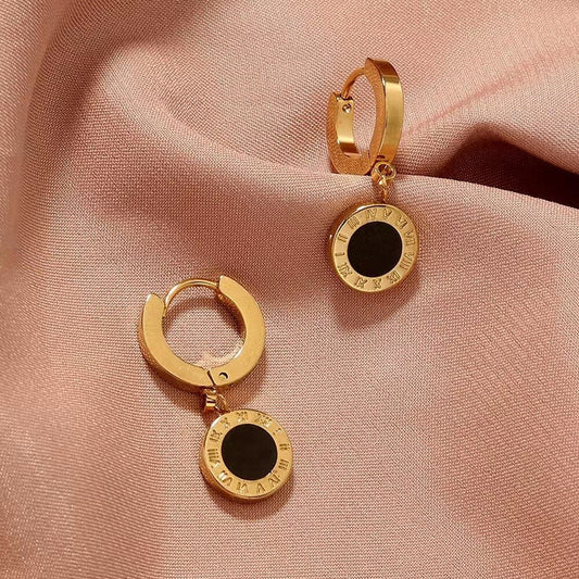 Roman Black Dial Drop Earrings
