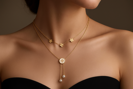 Double chain Clover pearl Cascade Necklace