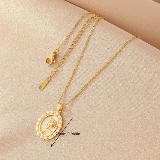 Bohemian Pearl Rose Flower Necklace (White)