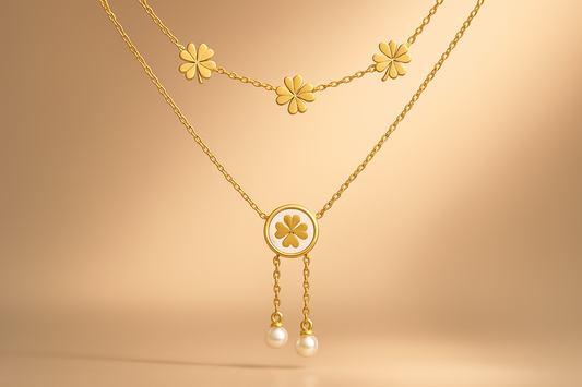 Double chain Clover pearl Cascade Necklace
